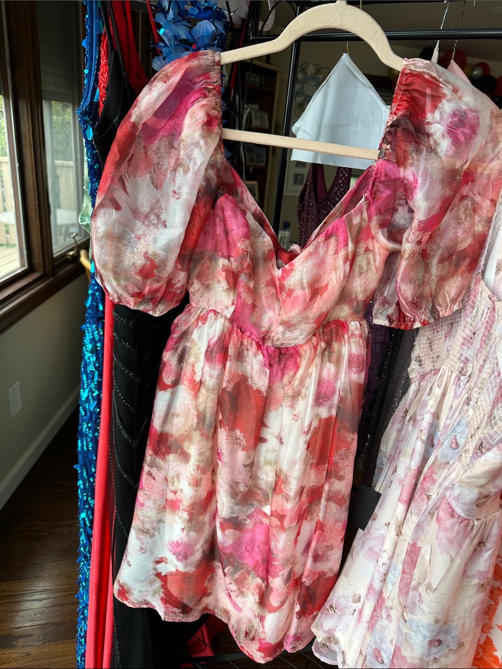 Lulu's Pink and Red Watercolor Tie-Shoulder Mini Dress